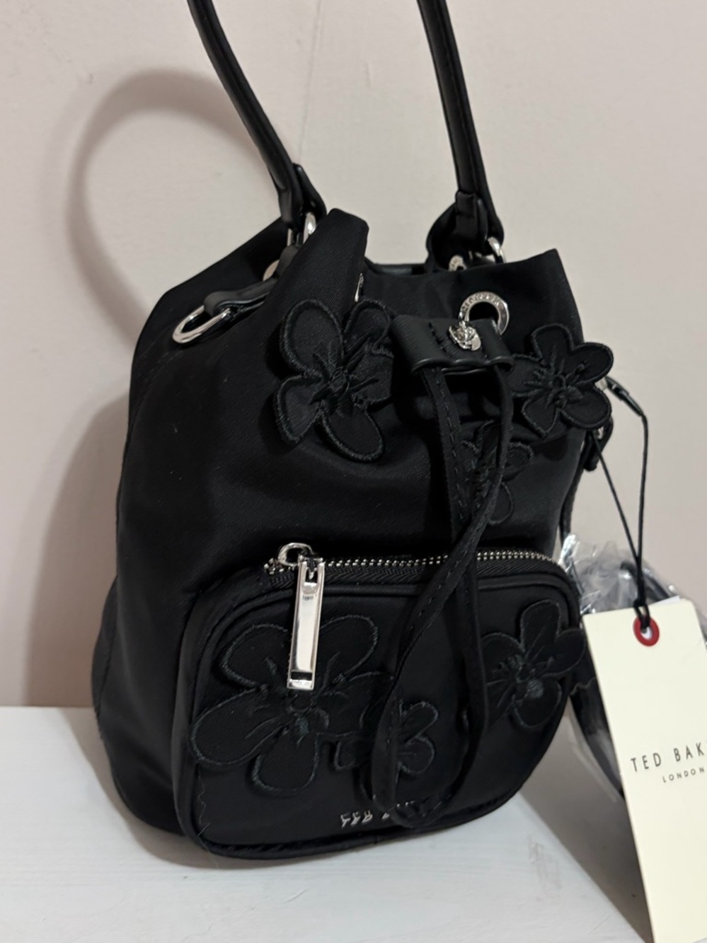 Ted Baker Sandalwood Nylon Drawstring Bucket Sholulder Bag Floral Appliqué Mini